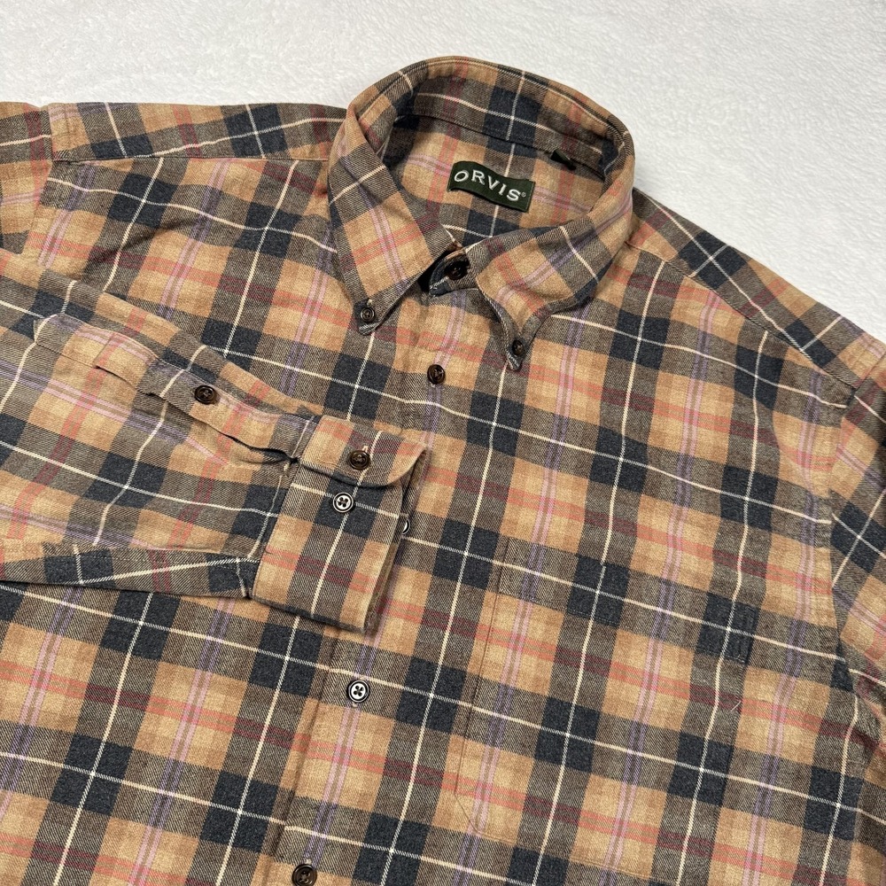Orvis Shirt Mens XL Brown Plaid Luxury Flannel Long Sleeve Button Front Pockets‎